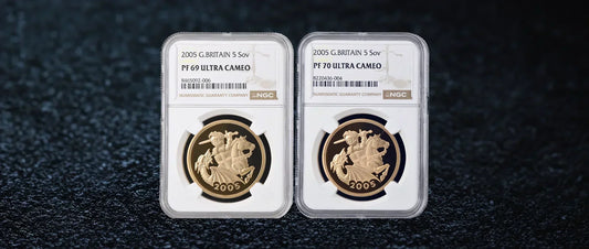 Side-by-side comparison of two graded gold sovereigns in NGC slabs, one PF70 Ultra Cameo and one PF69 Ultra Cameo, illustrating the difference between the top two proof grades.