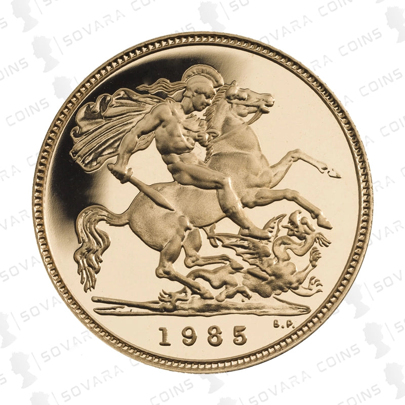 Gold coin with a horse and dragon design, dated 1985, on a white background.
