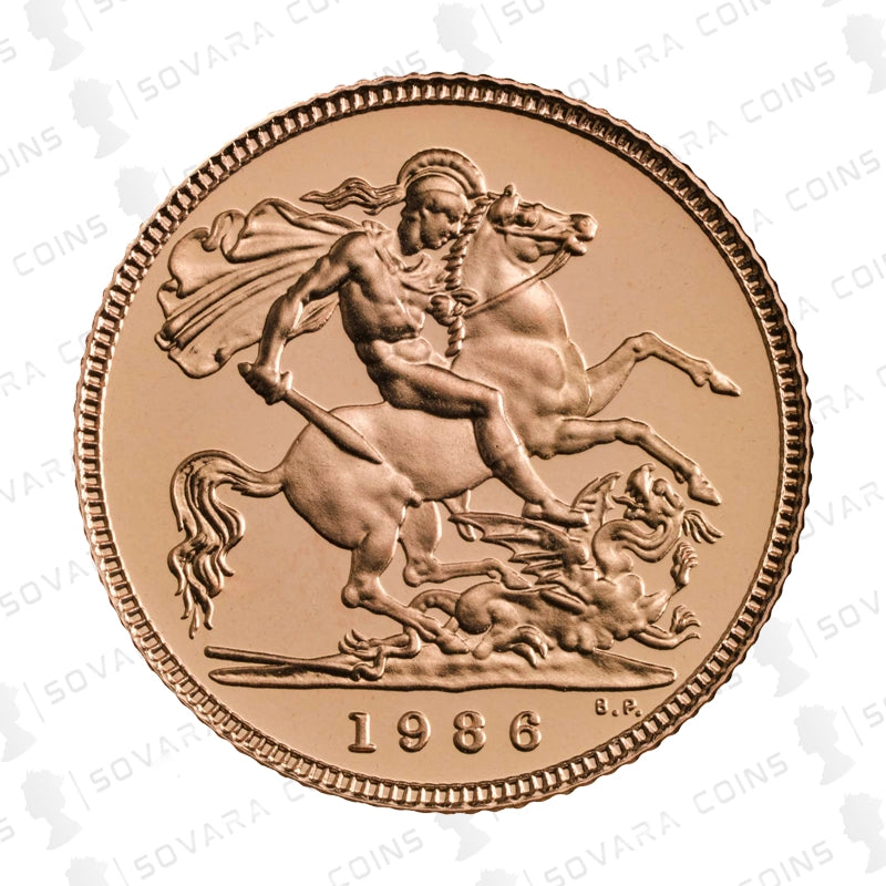 Gold coin with a horse and rider design, featuring the year 1986, on a white background.
