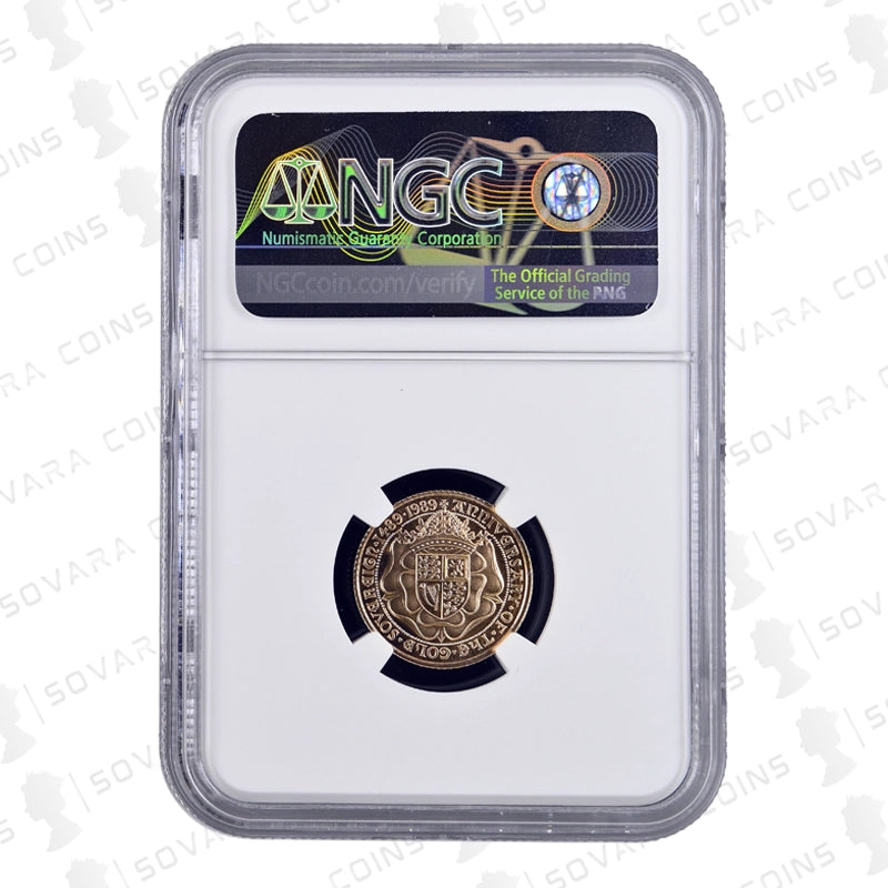 1989 Gold Proof Half Sovereign reverse – Tudor-style shield within rose PF70 UC