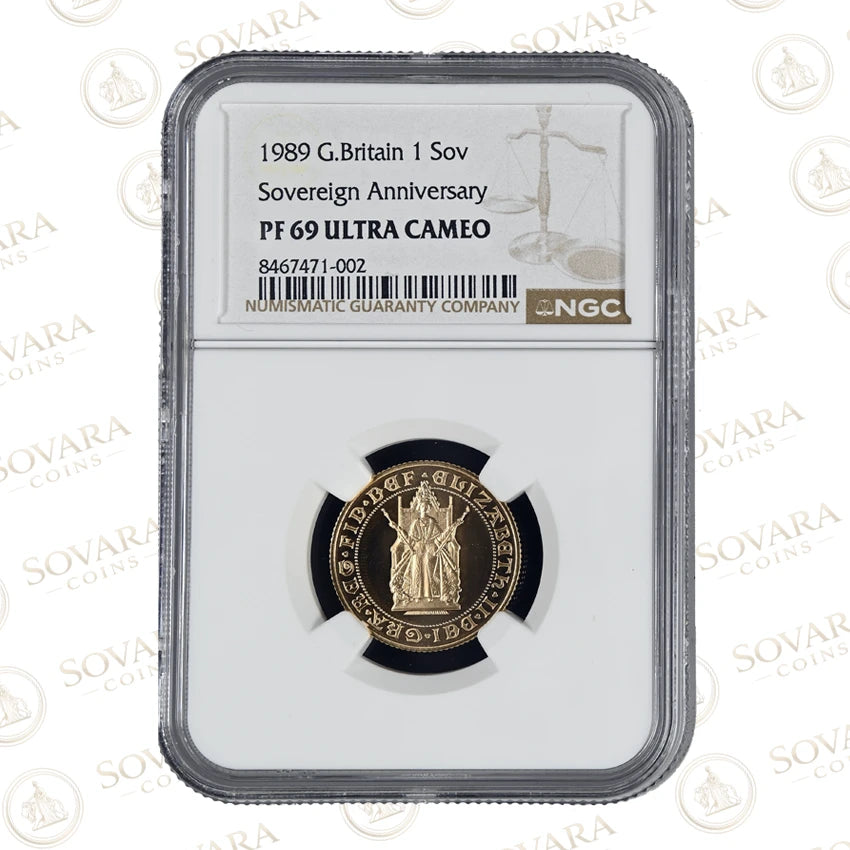 A 1989 Great Britain 1 Sovereign coin in a NGC graded PF 69 Ultra Cameo holder, featuring a gold-toned coin with a black overstrike on a white label inside a clear plastic case.