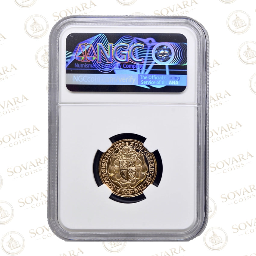 Reverse of the 1989 Gold Proof Sovereign PF70 in NGC holder