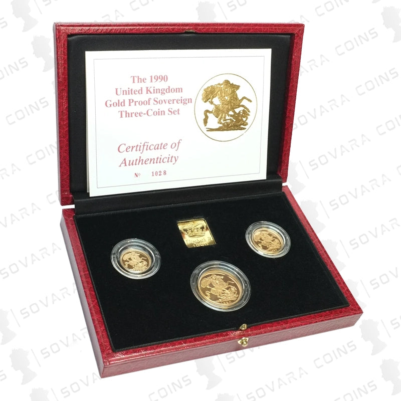1990 Gold Proof Sovereign 3-Coin Set – Double, Full and Half Sovereigns in box with COA