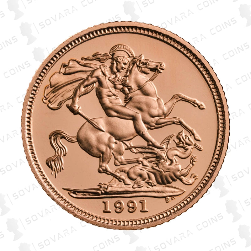 gold coin with a horse and rider design, featuring the year 1991, on a white background.