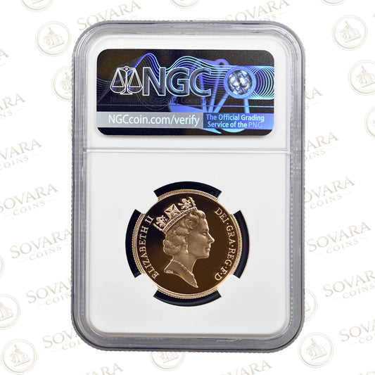 Gold coin in a protective case with NGC grading label on a white background