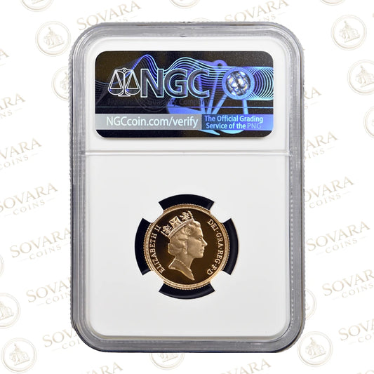 1992 Gold sovereign coin in NGC holder with visible branding on a white background