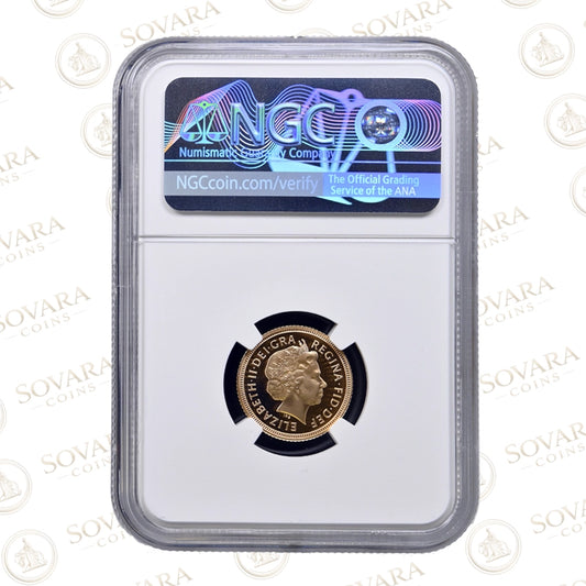 Reverse of the 2000 Gold Proof Half Sovereign PF70 Ultra Cameo in NGC holder