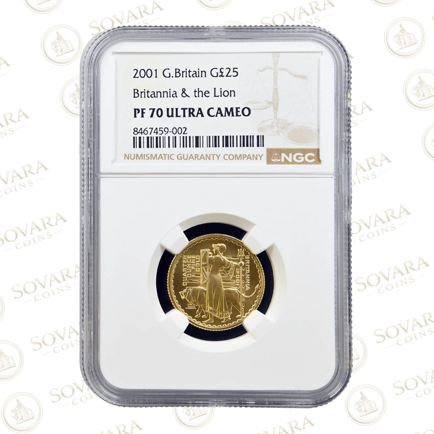 2001 Britannia and the Lion Quarter-Ounce gold proof NGC PF70 Ultra Cameo graded slab