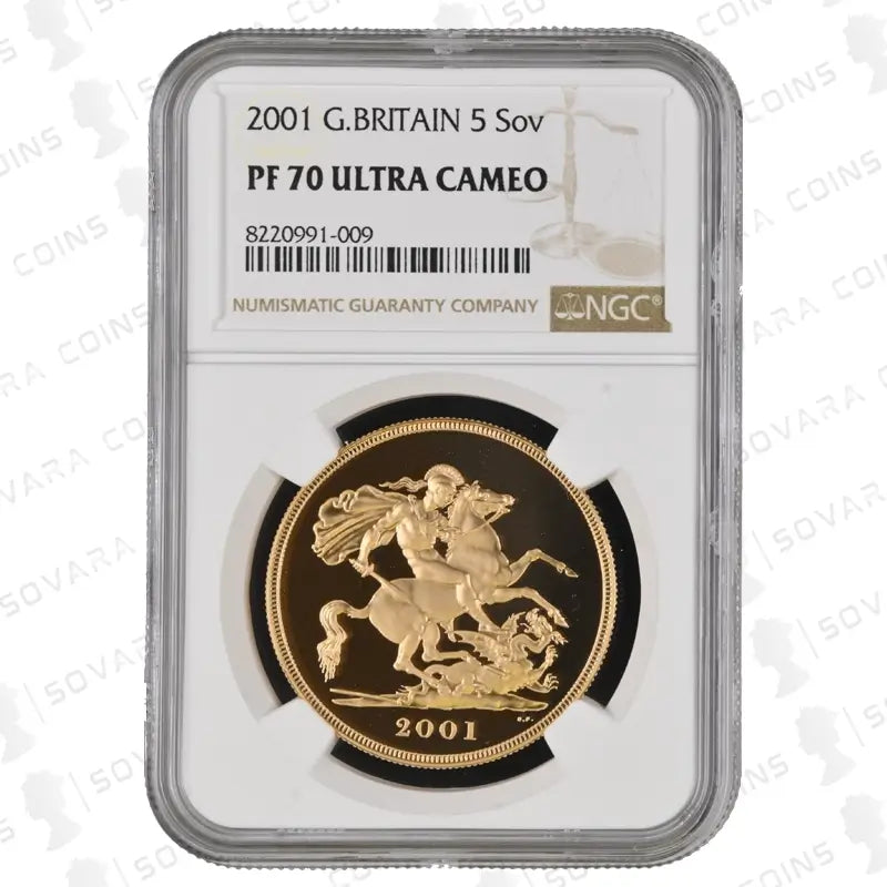 2001 Gold Proof Five Pound Sovereign PF70 Ultra Cameo, featuring St. George and the Dragon design.