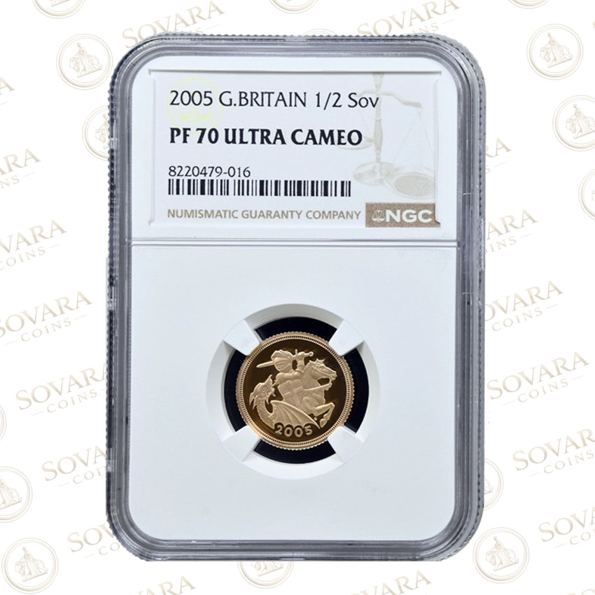 2005 Gold Proof Half Sovereign PF70 Ultra Cameo Timothy Noad design NGC graded
