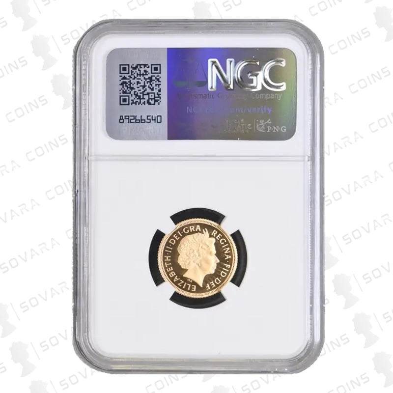 Obverse of 2005 Gold Proof Half Sovereign graded PF70 Ultra Cameo showing Queen Elizabeth II portrait.