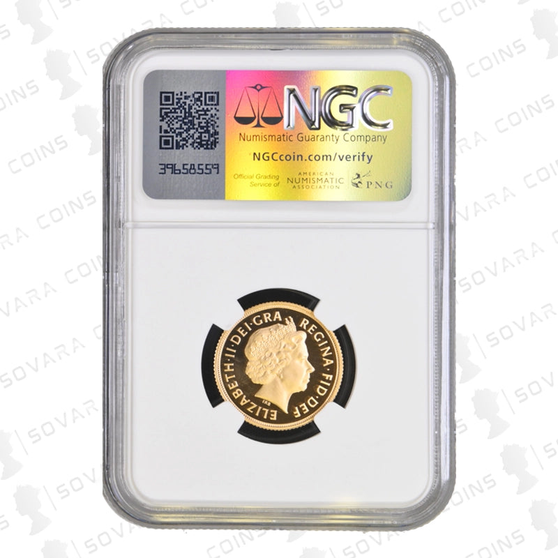 Obverse view of 2010 Gold Proof Sovereign graded NGC PF70 Ultra Cameo.