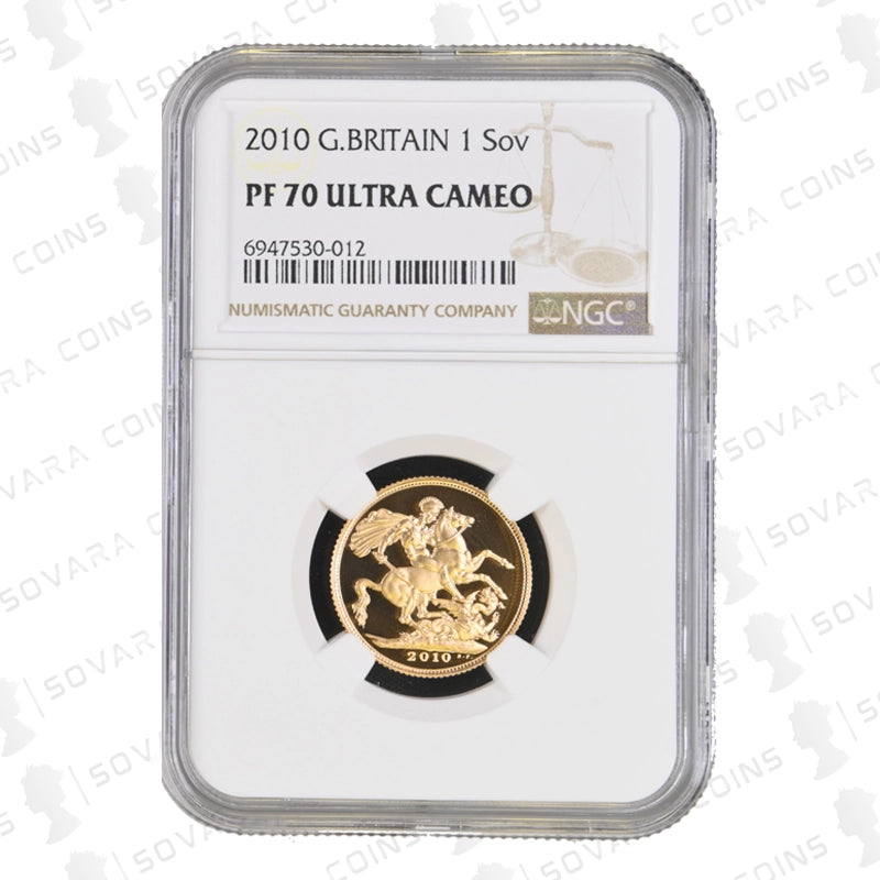 Reverse view of 2010 Gold Proof Sovereign showing St George and the Dragon design in PF70 slab.
