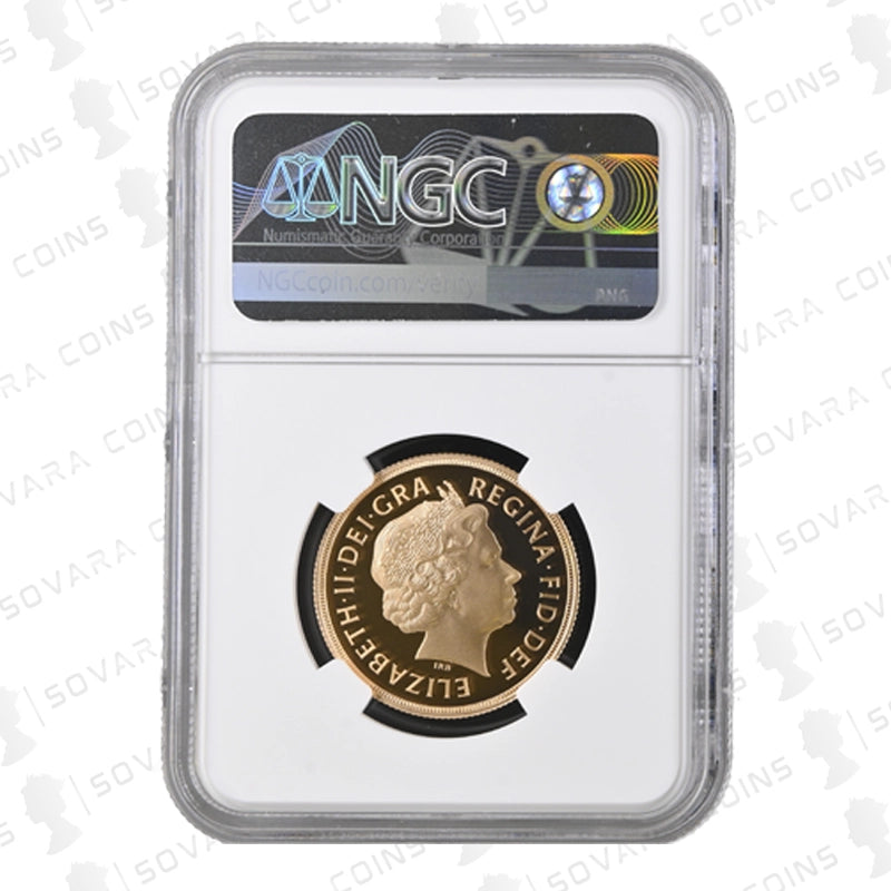Gold coin in NGC holder on a white background