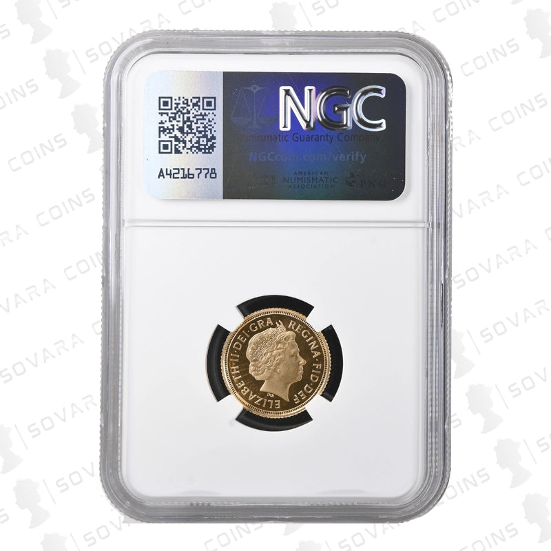 Gold coin in NGC holder with visible brand logo on a white background