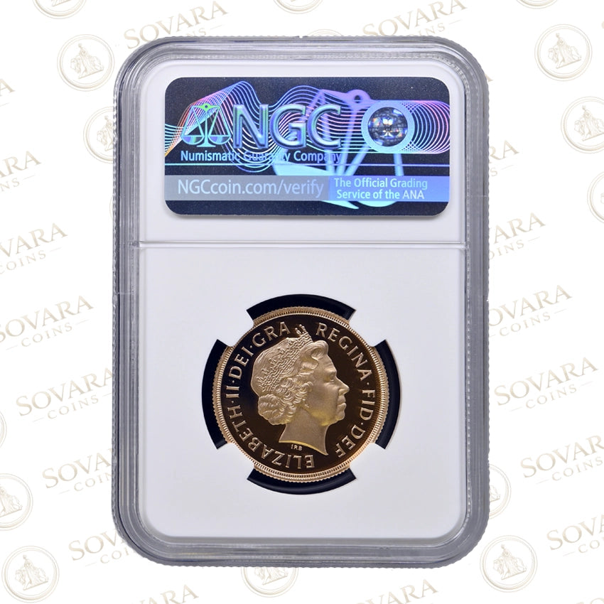Reverse of the 2012 Gold Proof Double Sovereign Diamond Jubilee PF70 Ultra Cameo in NGC holder