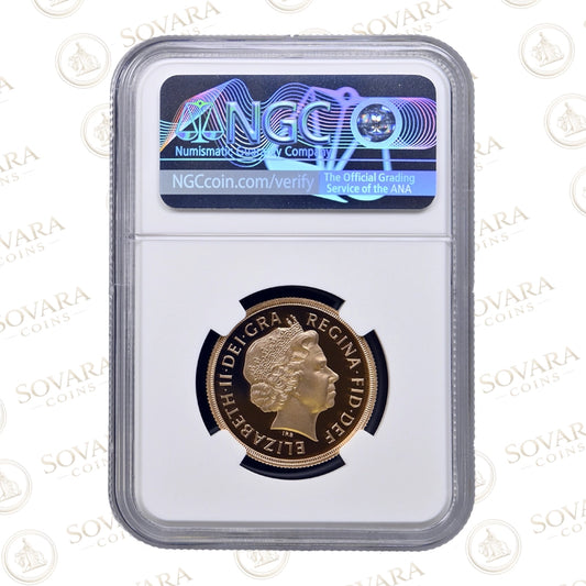 Reverse of the 2012 Gold Proof Double Sovereign Diamond Jubilee PF70 Ultra Cameo in NGC holder