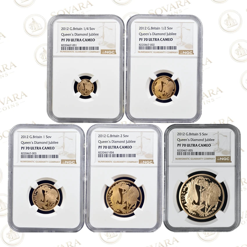 2012 Diamond Jubilee gold proof Sovereign five-coin set NGC PF70 Ultra Cameo complete