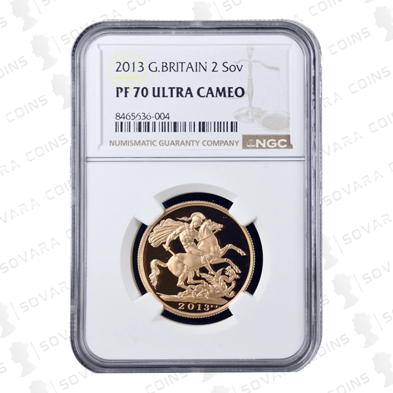 2013 Double Sovereign PF70 Ultra Cameo, featuring the St George and the Dragon design.