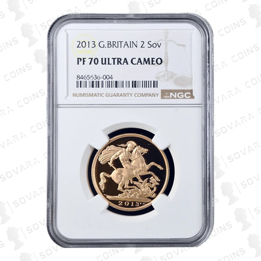 2013 Double Sovereign PF70 Ultra Cameo, featuring the St George and the Dragon design.