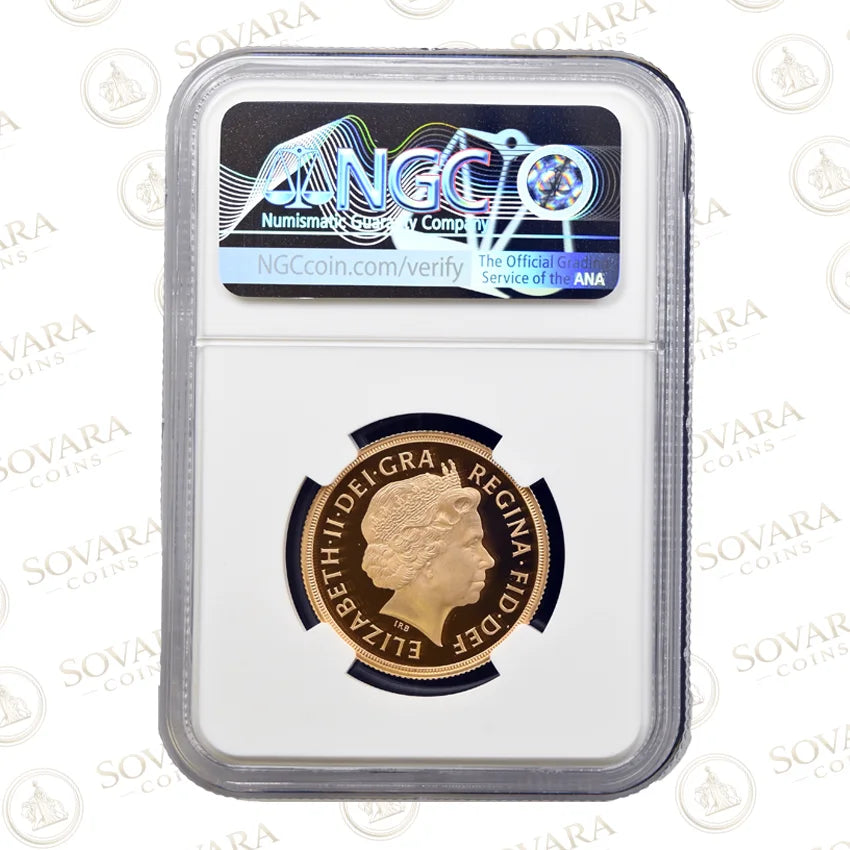 Obverse of 2013 double sovereign graded PF70 Ultra Cameo by NGC
