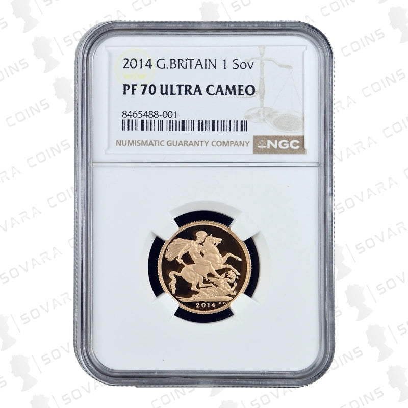 2014 Gold Proof Sovereign reverse – St George and the Dragon design PF70 UC