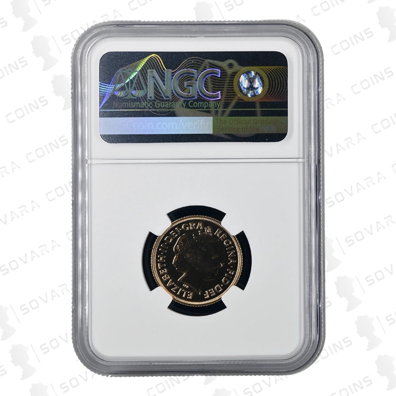 2014 Mint Error Frosted Reverse Gold Sovereign MS70 – obverse brilliant, reverse frosted finish, NGC graded rare sovereign coin