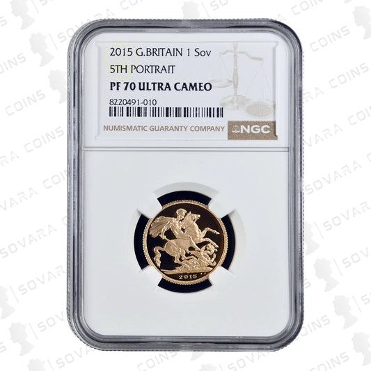2015 Gold Proof Sovereign reverse – St George and the Dragon design PF70 UC