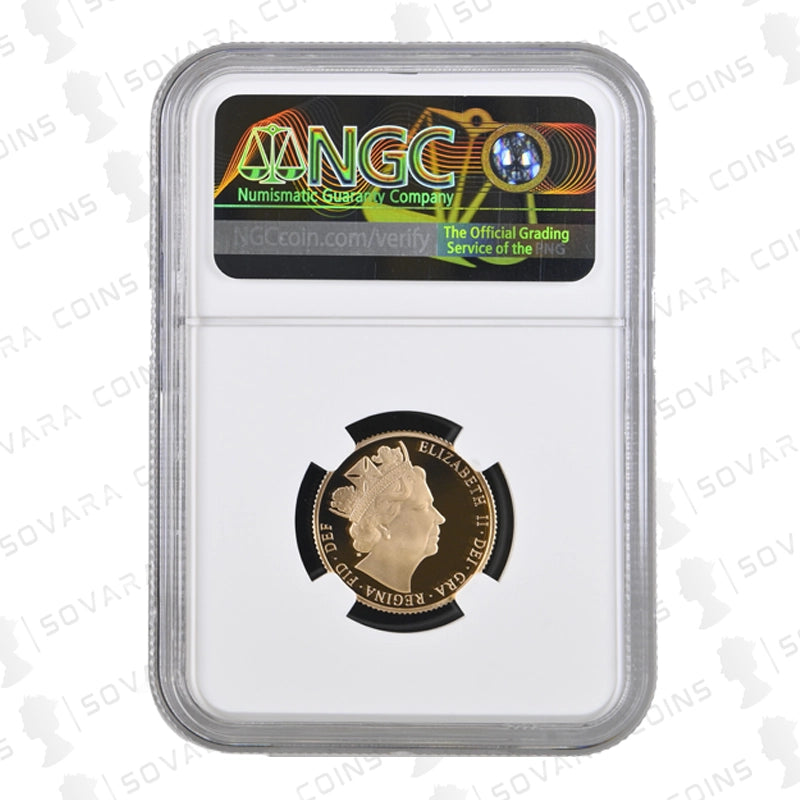 Obverse of 2016 Gold Proof Sovereign with James Butler special portrait graded PF70 Ultra Cameo.