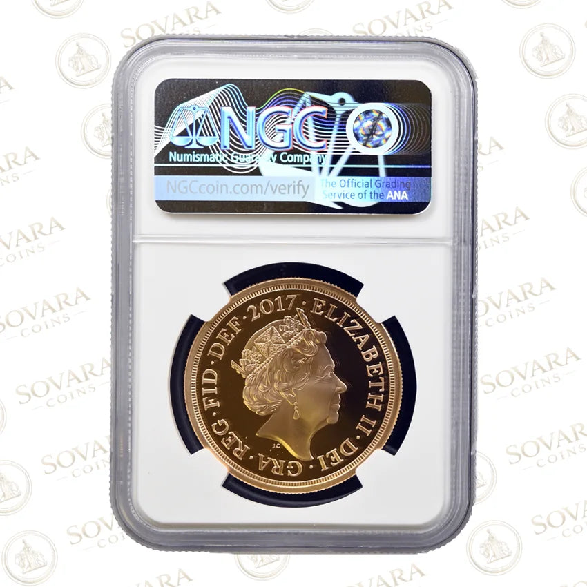 2017 Gold Quintuple Sovereign obverse — Jody Clark portrait of Elizabeth II — NGC PF70 Ultra Cameo