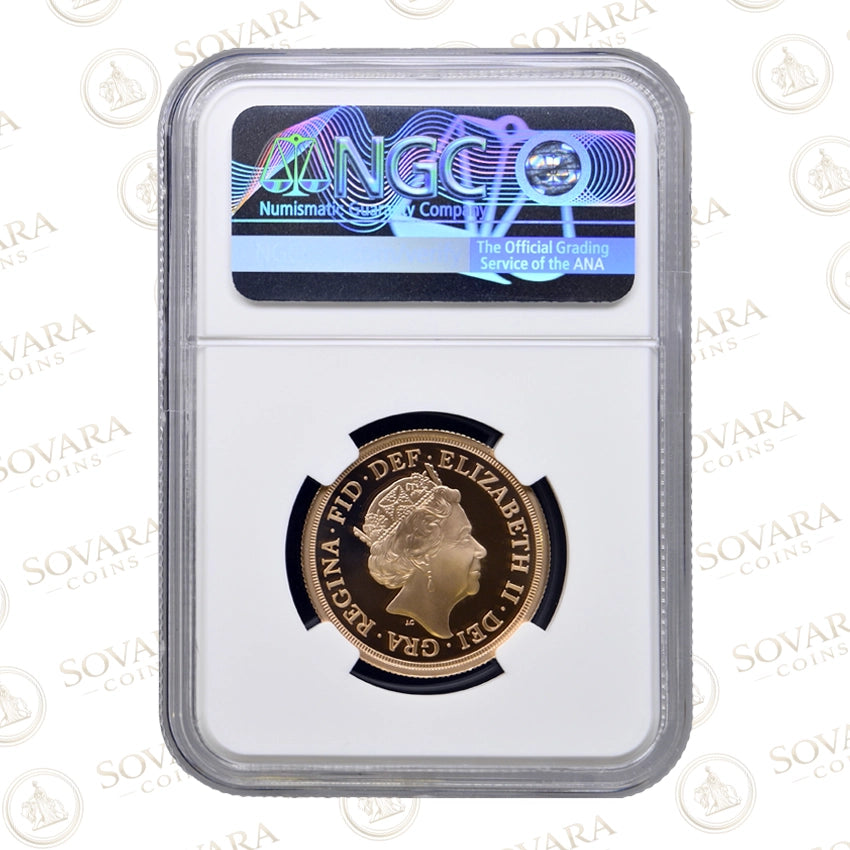 Sapphire Anniversary privy mark on the 2018 Gold Proof Double Sovereign PF70 Ultra Cameo