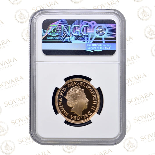 Sapphire Anniversary privy mark on the 2018 Gold Proof Double Sovereign PF70 Ultra Cameo