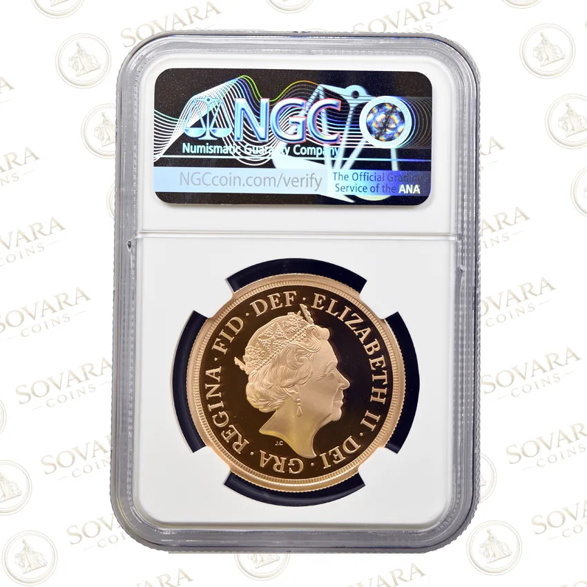 2018 Gold Proof Quintuple Sovereign PF70 Ultra Cameo Sapphire Anniversary Privy