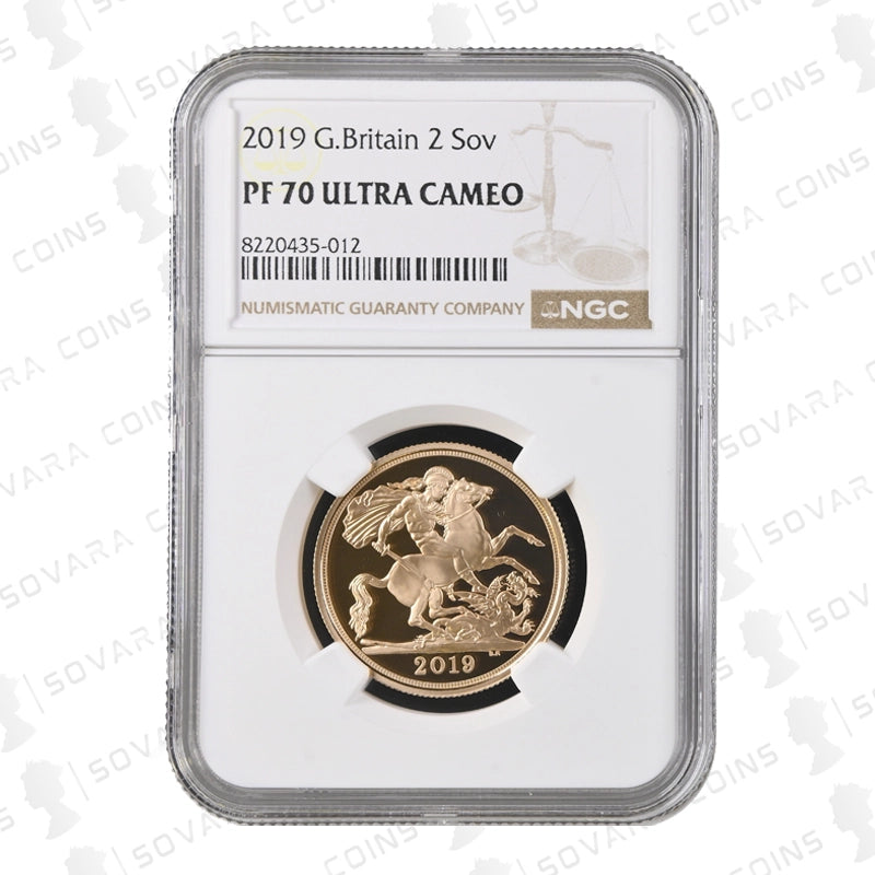 2019 Gold Proof Double Sovereign graded PF70 Ultra Cameo by NGC – St George and the Dragon reverse