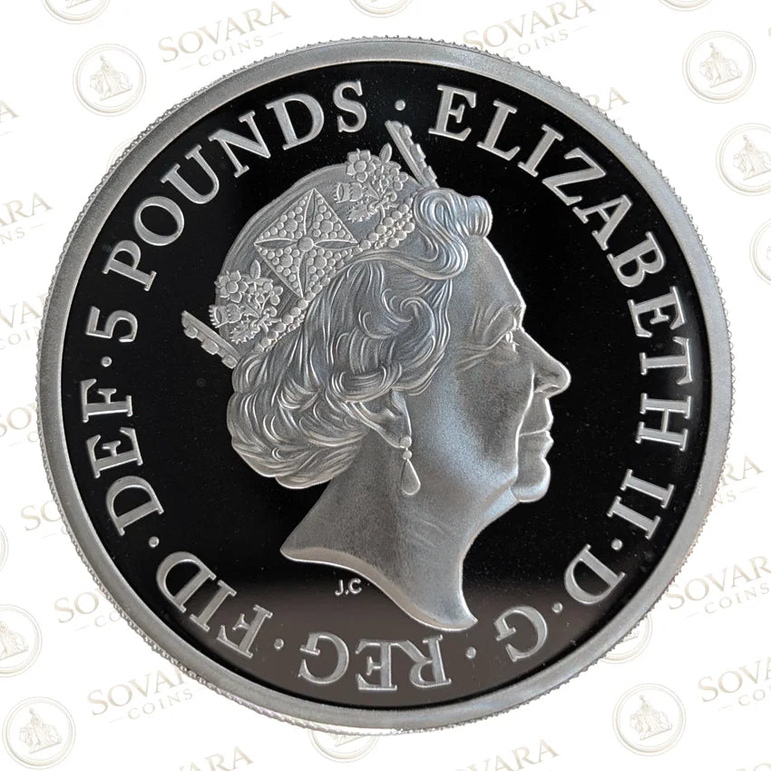 Obverse of 2019 2oz silver proof Una and the Lion coin.