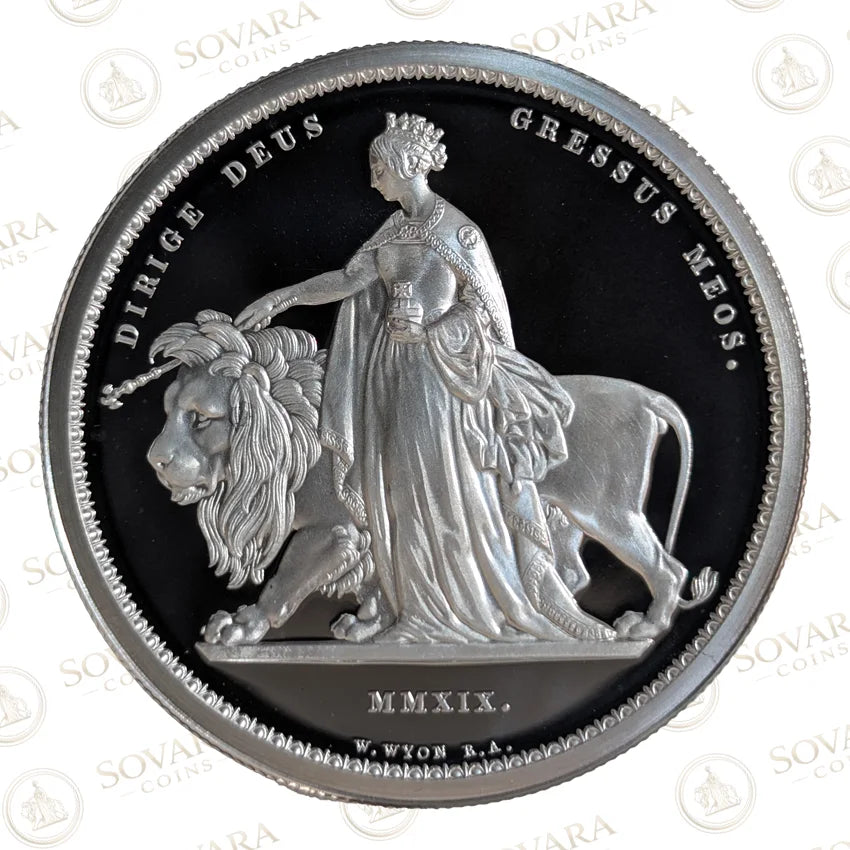 Reverse of 2019 Una and the Lion 2oz Silver Proof showing William Wyon design of Queen Victoria as Una with lion