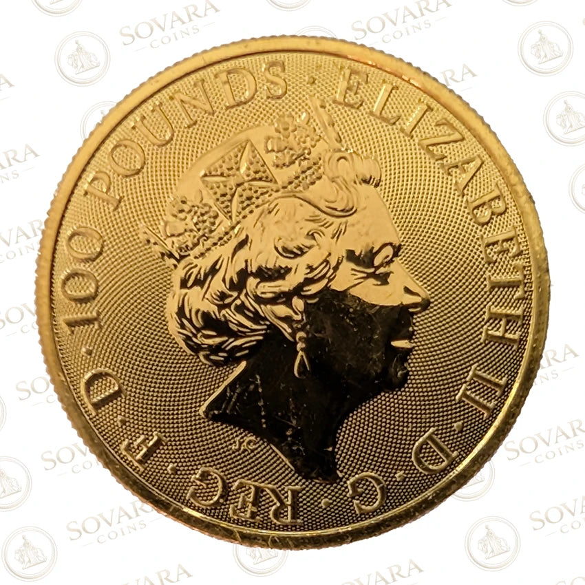 2021 Queen's Beasts Completer gold coin obverse - Jody Clark portrait Queen Elizabeth II with handling marks