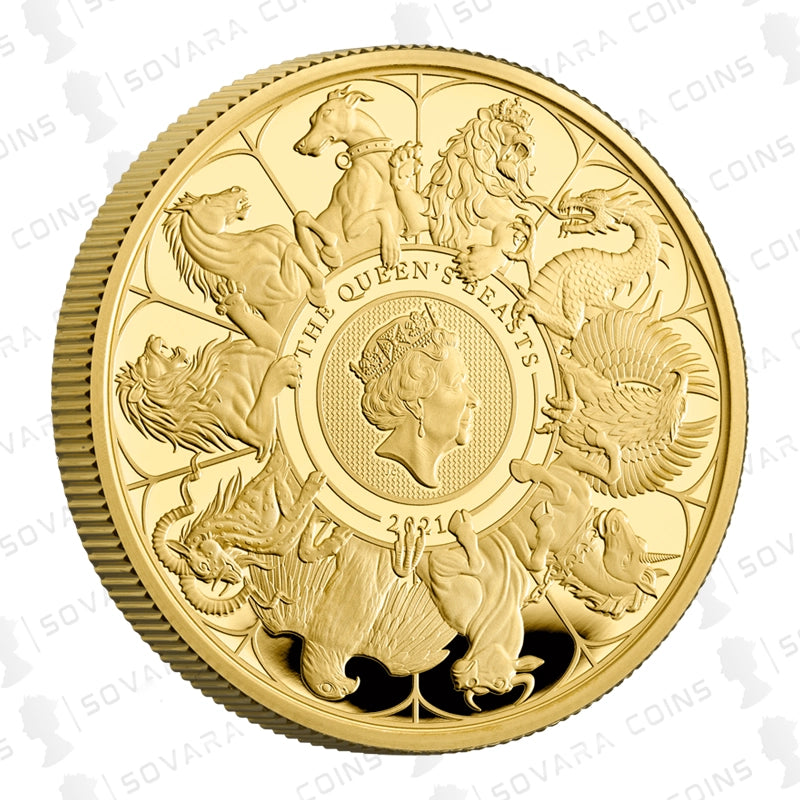 Gold coin with intricate designs and 'The Queen's Beast' inscription on a white background