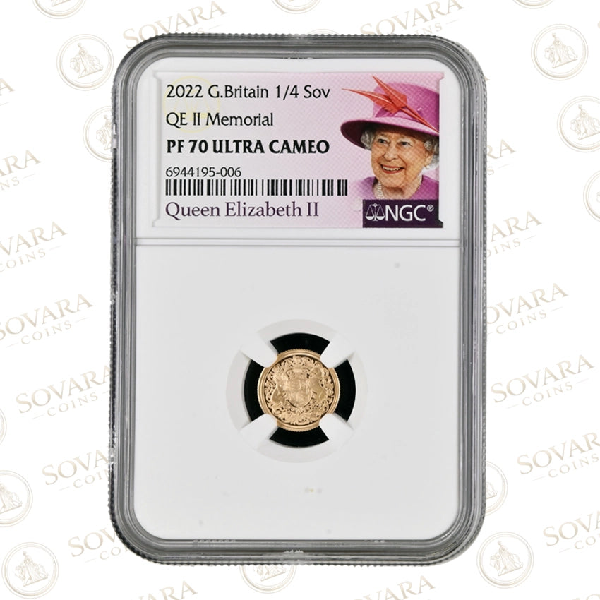 Gold coin in a protective holder with a label featuring Queen Elizabeth II's portrait on a white background.