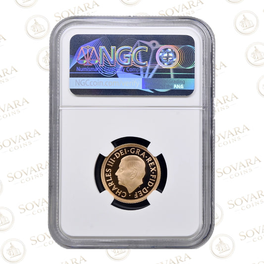 Gold coin in a protective case with NGC logo on a white background