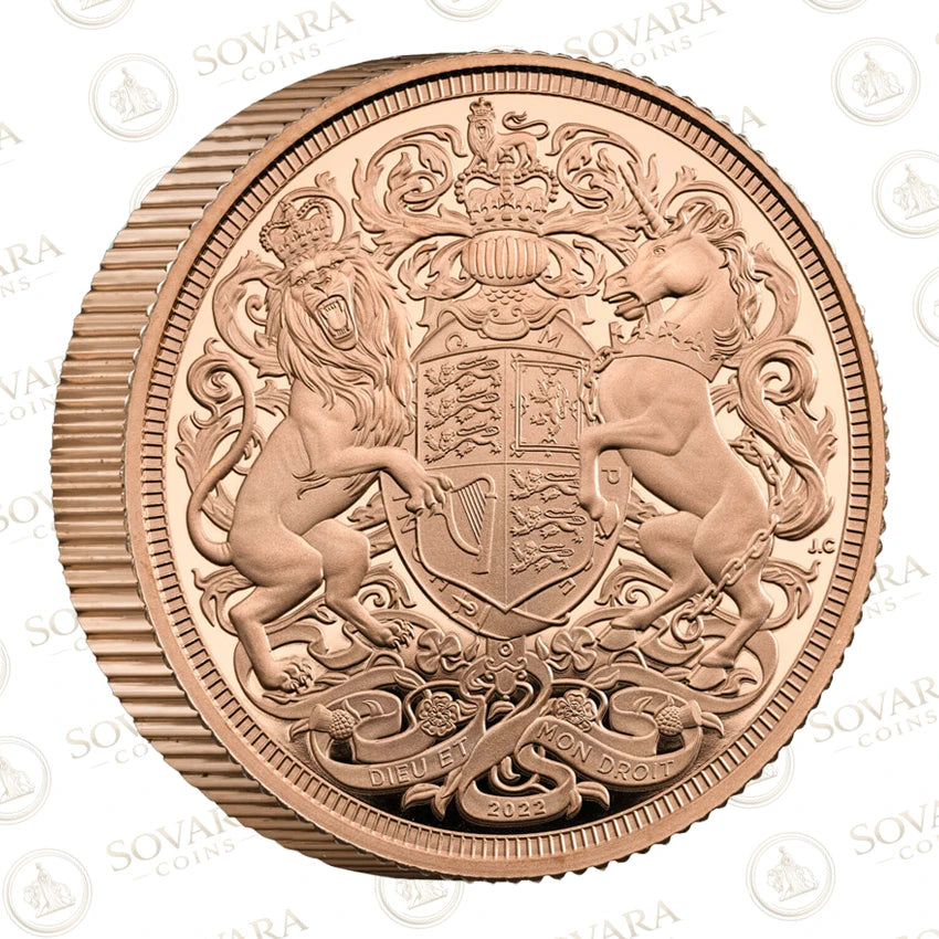 2022 Memorial Piedfort Sovereign reverse - Jody Clark Royal Arms lion unicorn design