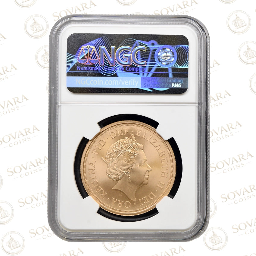 2022 Jubilee Matte Five Sovereign Reverse Timothy Noad Royal Coat of Arms Design NGC MS70