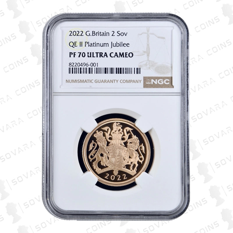 2022 Platinum Jubilee Double Sovereign PF70 UC Royal Arms reverse design