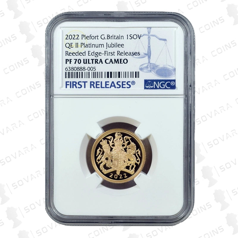 2022 Platinum Jubilee Gold Proof Piedfort Sovereign reverse – Platinum Jubilee Royal Arms design PF70 UC First Releases