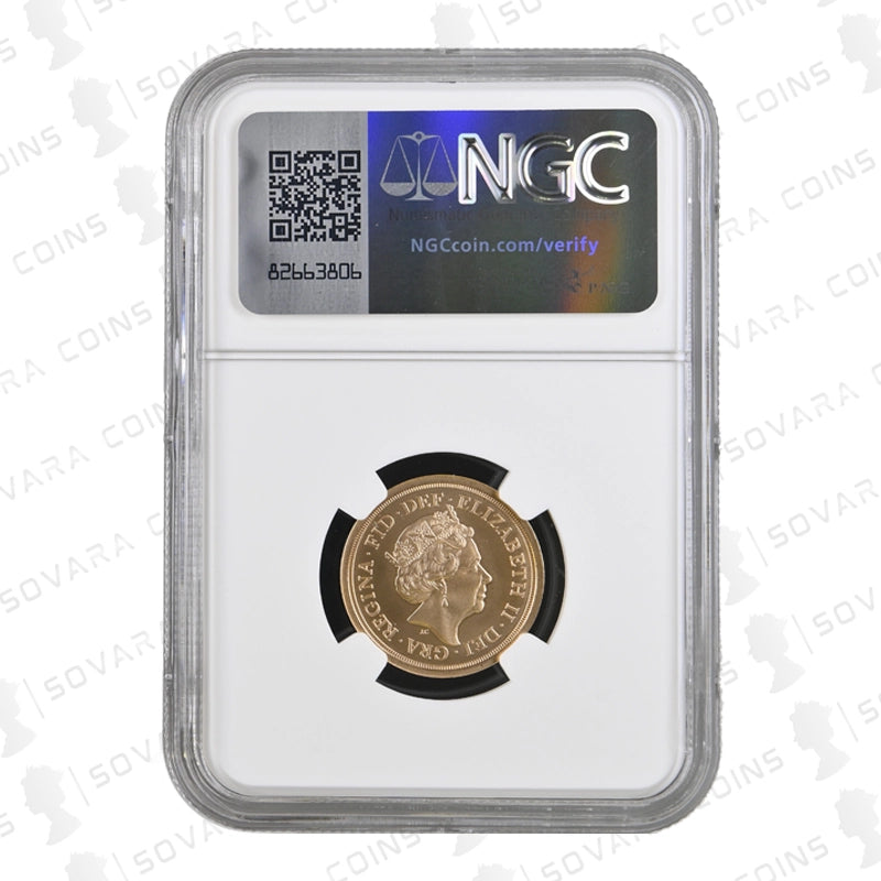 Gold coin in NGC holder with visible branding and QR code on a white background