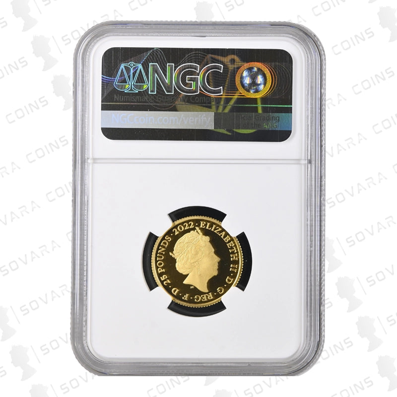 Obverse of 2022 Queen’s Reign Honours & Investitures ¼oz Gold Proof Coin graded PF70 Ultra Cameo.