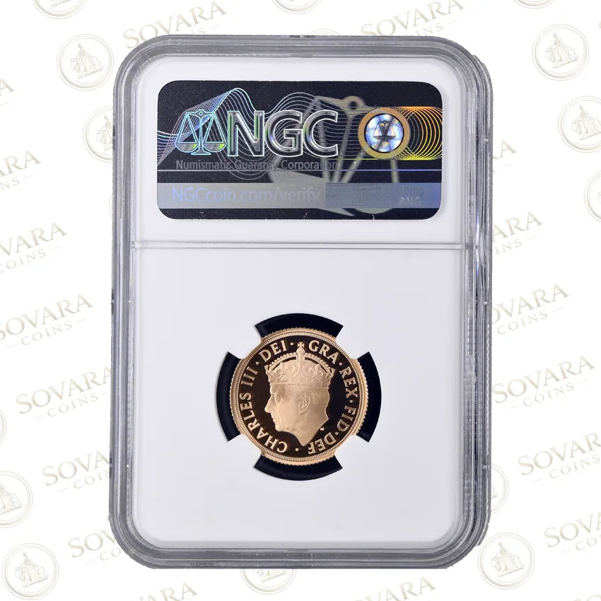 Obverse of 2023 Coronation Gold Proof Sovereign showing crowned King Charles III portrait by Martin Jennings
