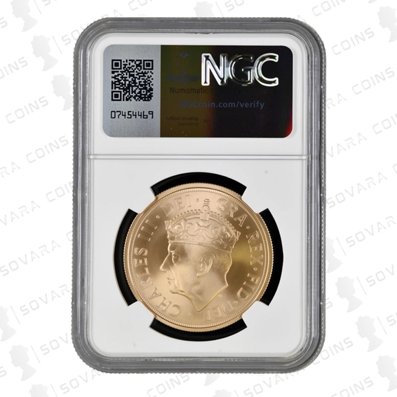 2023 Coronation Matte Five Sovereign obverse – King Charles III crowned portrait MS70 Matte