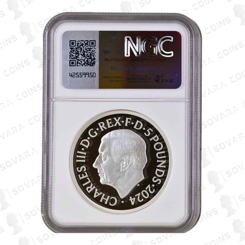 Silver coin with a profile of a king, encapsulated in an NGC holder on a white background.