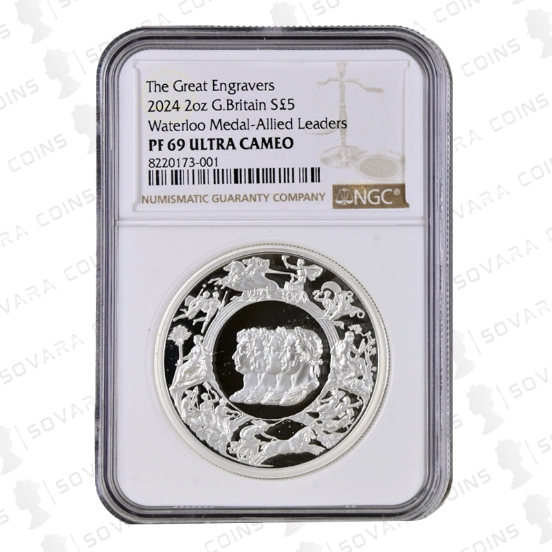 2024 The Great Engravers Waterloo Medal-Allied Leaders 2oz Silver Proof coin, graded NGC PF69 Ultra Cameo, featuring a detailed engraving of the Allied Leaders.